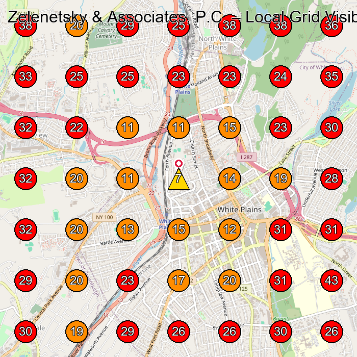 Zelenetsky & Associates, P.C. GeoGrid visibility map for Personal Injury Attorney in White Plains